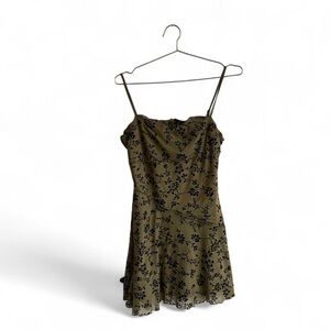 Y2K Olive Green Floral Mini Dress – Sheer Overlay Lined Fairy Grunge (Size L)